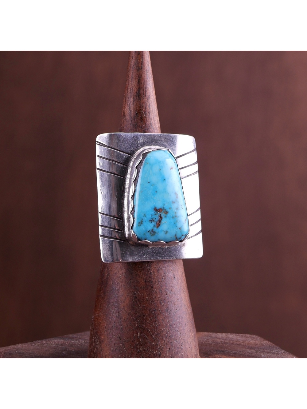 Vintage 1970s Navajo HLB Sterling Silver Natural Matrix Turquoise Ring Size